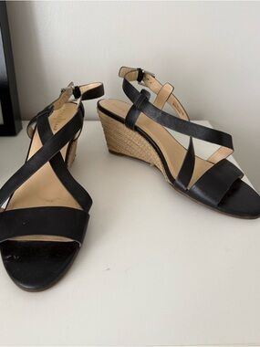Cole Haan Black Leather Crisscross Wedge Sandals
